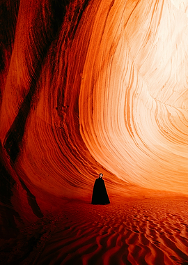 Person in Black Cloak, Canyon Landscape