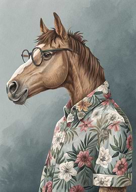 Horse in Hawaiian Shirt and Glasses