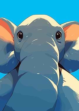 Cartoon Elephant Portrait on Blue Background