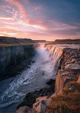 Deffifoss Falls Majestic Waterfall at Sunset