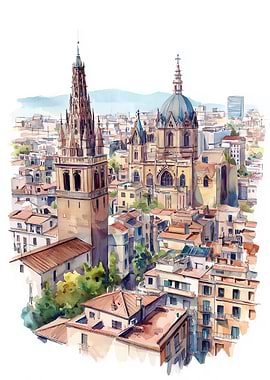 Watercolor Cityscape Barcelona