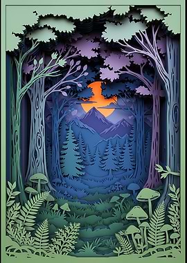 Layered Forest Scene with Sunset