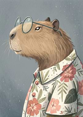 Capybara with Glasses and Floral Shirt