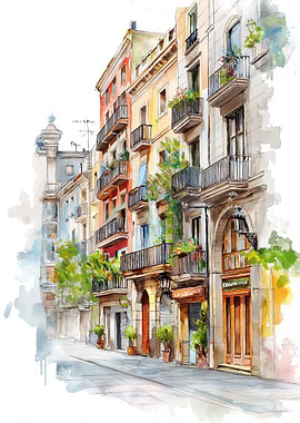 Watercolor European Street Scene