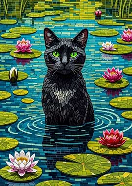 Black Cat in Lily Pond Mosaic