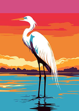 Egret in Water at Sunset