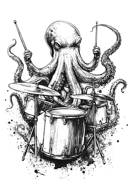 Octopus Drummer Ink Drawing