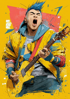 Passionate Guitarist with Blue Mohawk