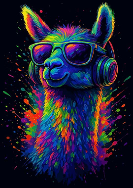 Colorful Llama with Headphones and Sunglasses