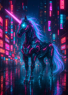 Cyberpunk Unicorn in Neon Cityscape