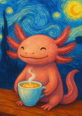 Axolotl Coffee Van Gogh Style Painting