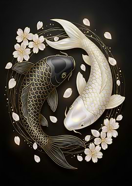 Yin Yang Koi Fish with Blossoms