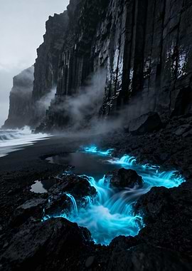 Black Sand Beach with Bioluminescent Water
