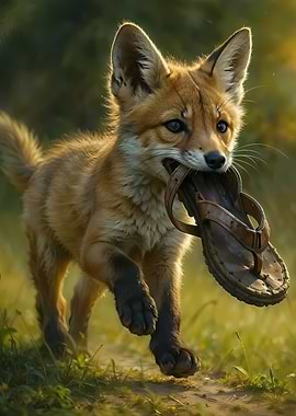 Fox Kit Carrying Found Shoe in Golden Light