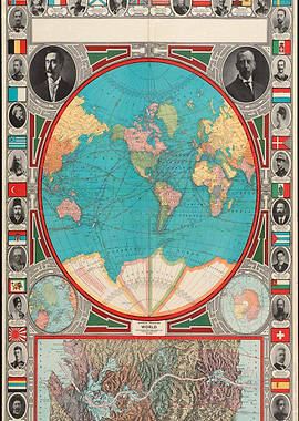 Antique World Map with Portraits