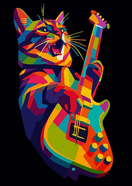 Colorful Cat Playing Electric Guitar