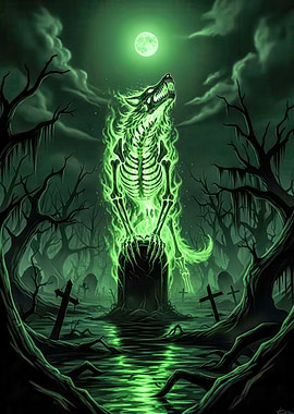 Eerie Green Spectral Wolf Howling at Moon