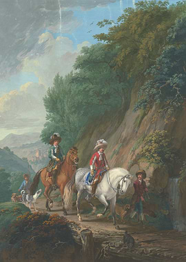Equestrian Scene with Figures and Dogs