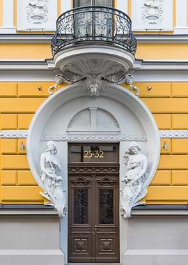 Art Nouveau Building Facade with Balcony. Vīlandes 11, Riga, Latvia.