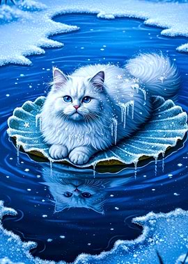 Winter Cat on Frozen Lily Pad