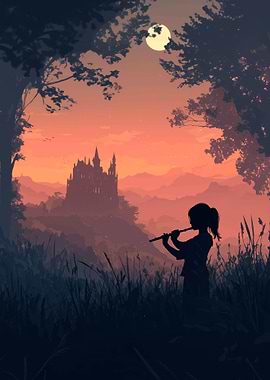 Silhouette Flute Player Castle Landscape