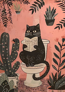 Cat Reading Newspaper on Toilet