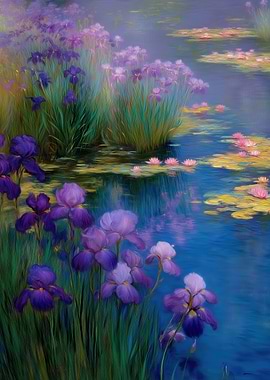 Purple Irises and Water Lilies Painting