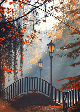 Autumn Park Bridge with Street Lamps