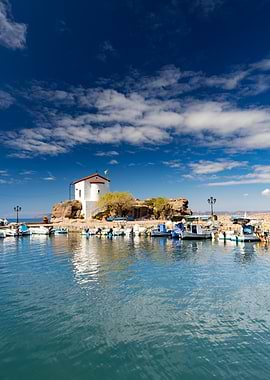 Picturesque Harbor with White Church, Lesbos