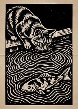 Cat and Fish Woodcut Print