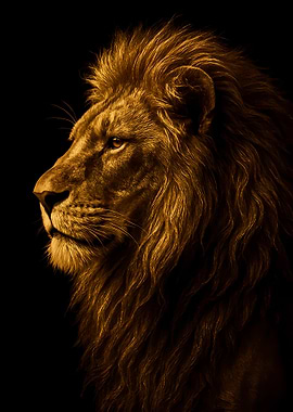 Golden Lion Profile on Black Background