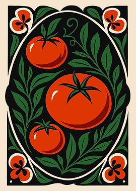 Tomato and Floral Art Nouveau Illustration