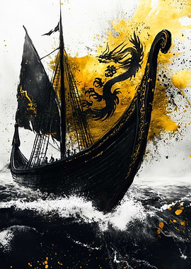 Dragon Ship Sailing on Stormy Seas