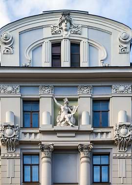 Art Nouveau Building Facade Detail. Rūpniecības street 1, Riga, Latvia.