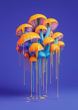 Surreal Dripping Mushrooms on Blue Background