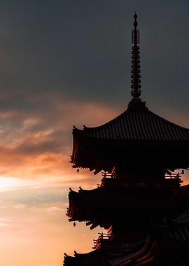 Japanese Pagoda Silhouette at Sunset