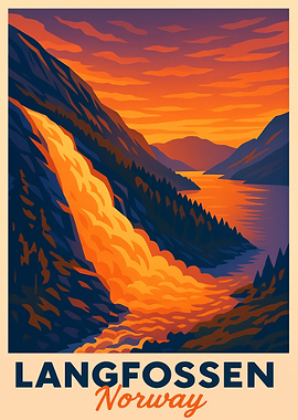 Langfossen Norway Travel Poster