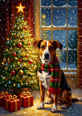 Christmas Dog with Scarf and Gifts