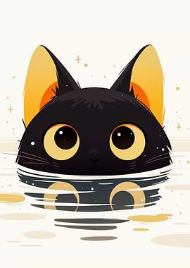 Cartoon Black Cat in Water