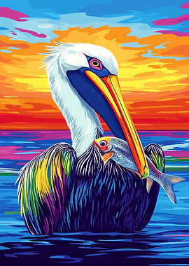 Colorful Pelican with Fish Digital Art