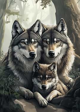 Wolf Family in Forest