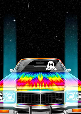 Ghost driving tie-dye car in space