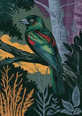 Colorful Bird in Forest Illustration