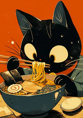 Black Cat Eating Ramen