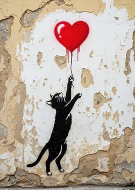 Cat Reaching for Heart Balloon Graffiti