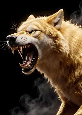 Roaring Golden Wolf Black Background