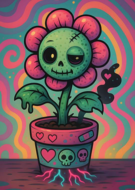 Zombie Flower Pot Cartoon Illustration