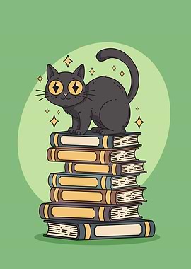 Black cat on books illustration