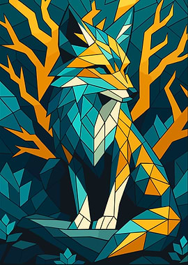 Geometric Fox in Teal and Gold