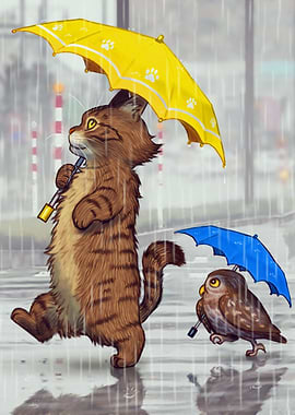 Cat and Owl in the Rain